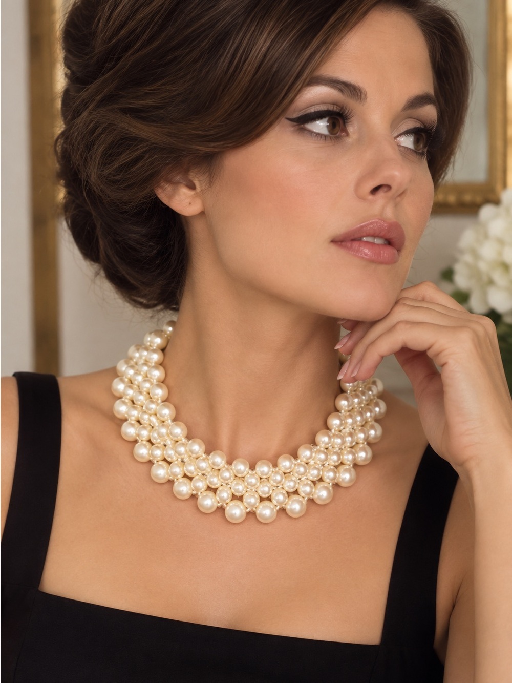 Vintage Multi Strand Faux Pearl Bib Collar Necklace Stretch Statement